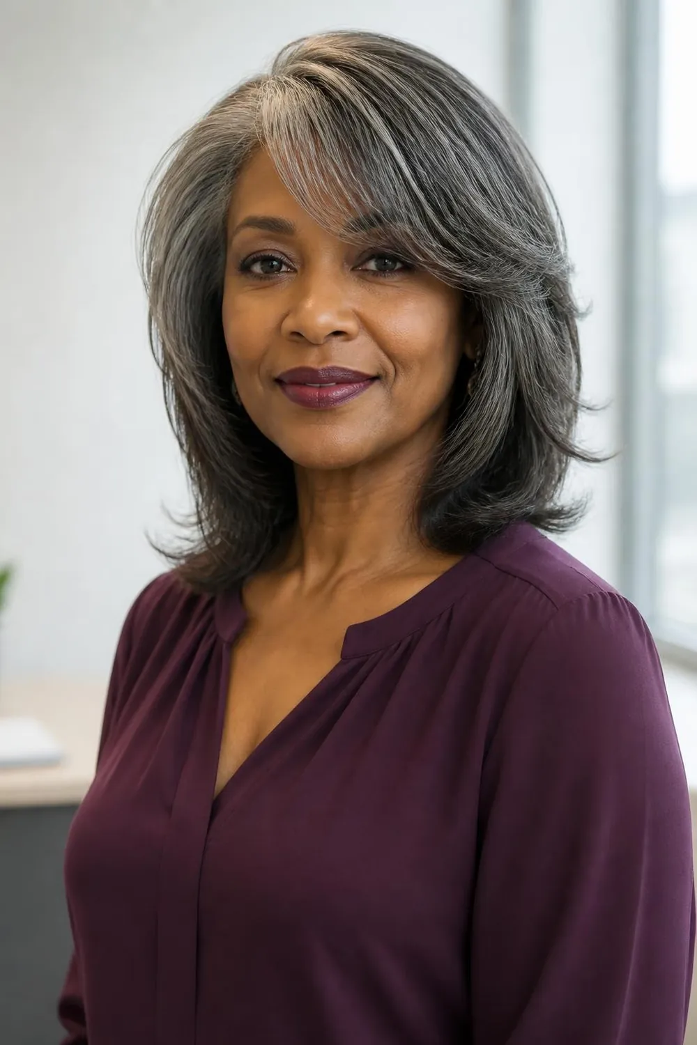 Shoulder-length layers with a long side-swept fringe for women over 60