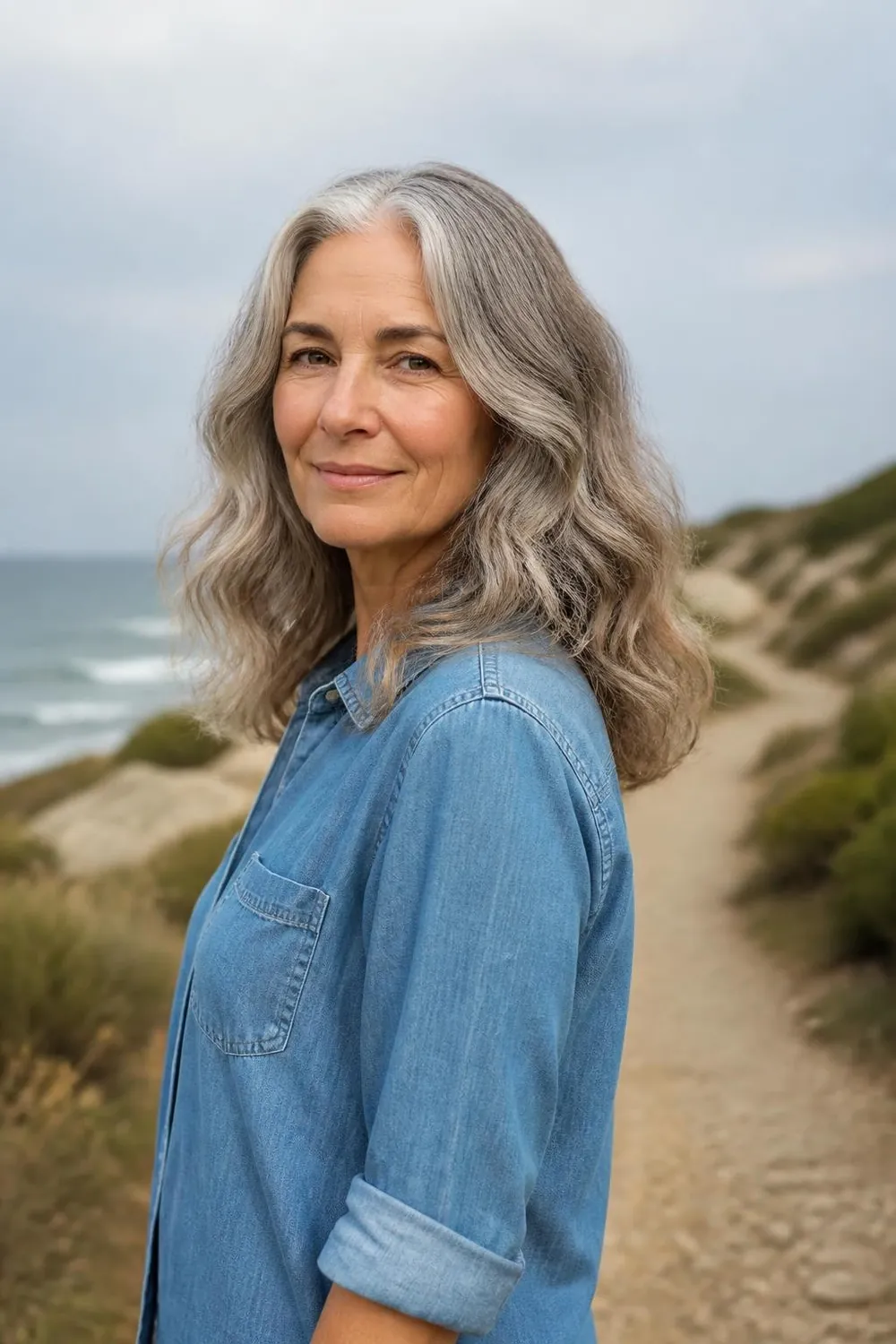 Mid-length wavy haircut designed for air-drying for women over 60 with wavy hair
