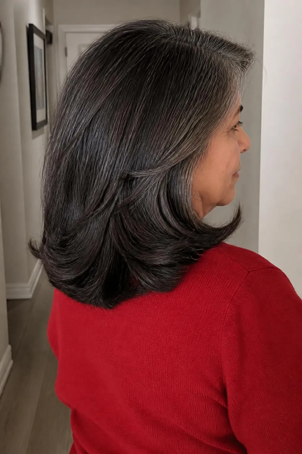 Medium length cut with internal weight removed for women over 60 with thick hair