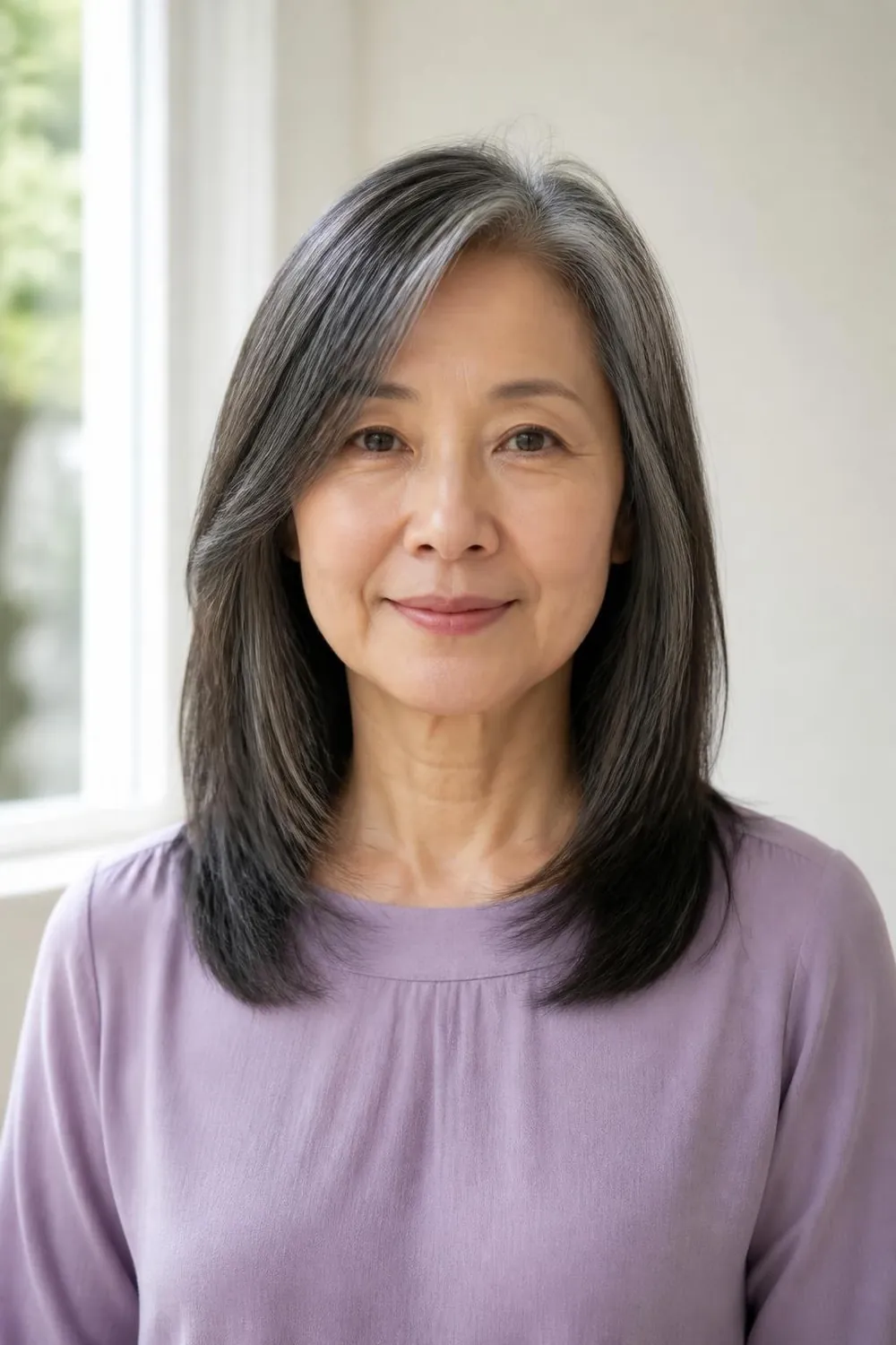 Shoulder-length cut shaped around a front cowlick with a soft side part for women over 60