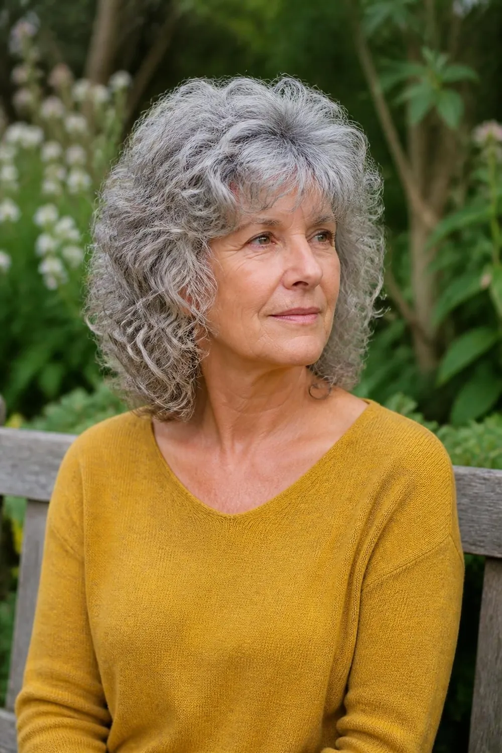 Shoulder-length curly hair with crown layers for lift on a woman over 60