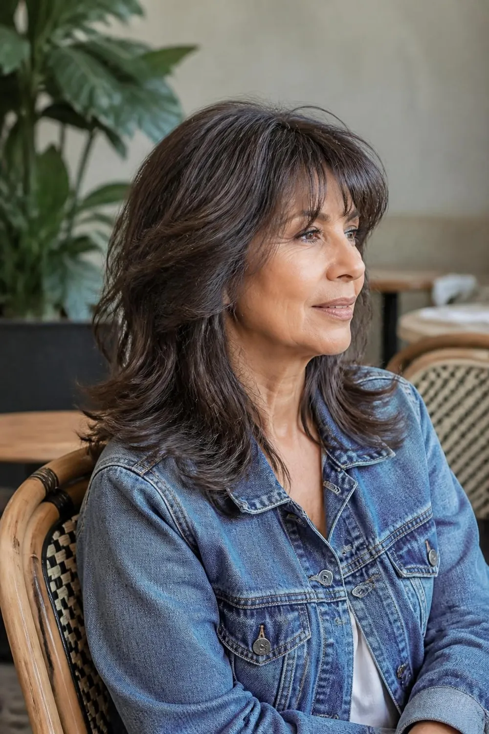 Feathered mid-length shag with wispy bangs and layers for women over 60
