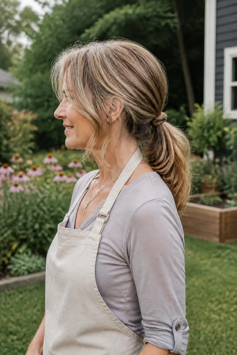 Medium layered haircut long enough to tie back in a low ponytail for women over 60