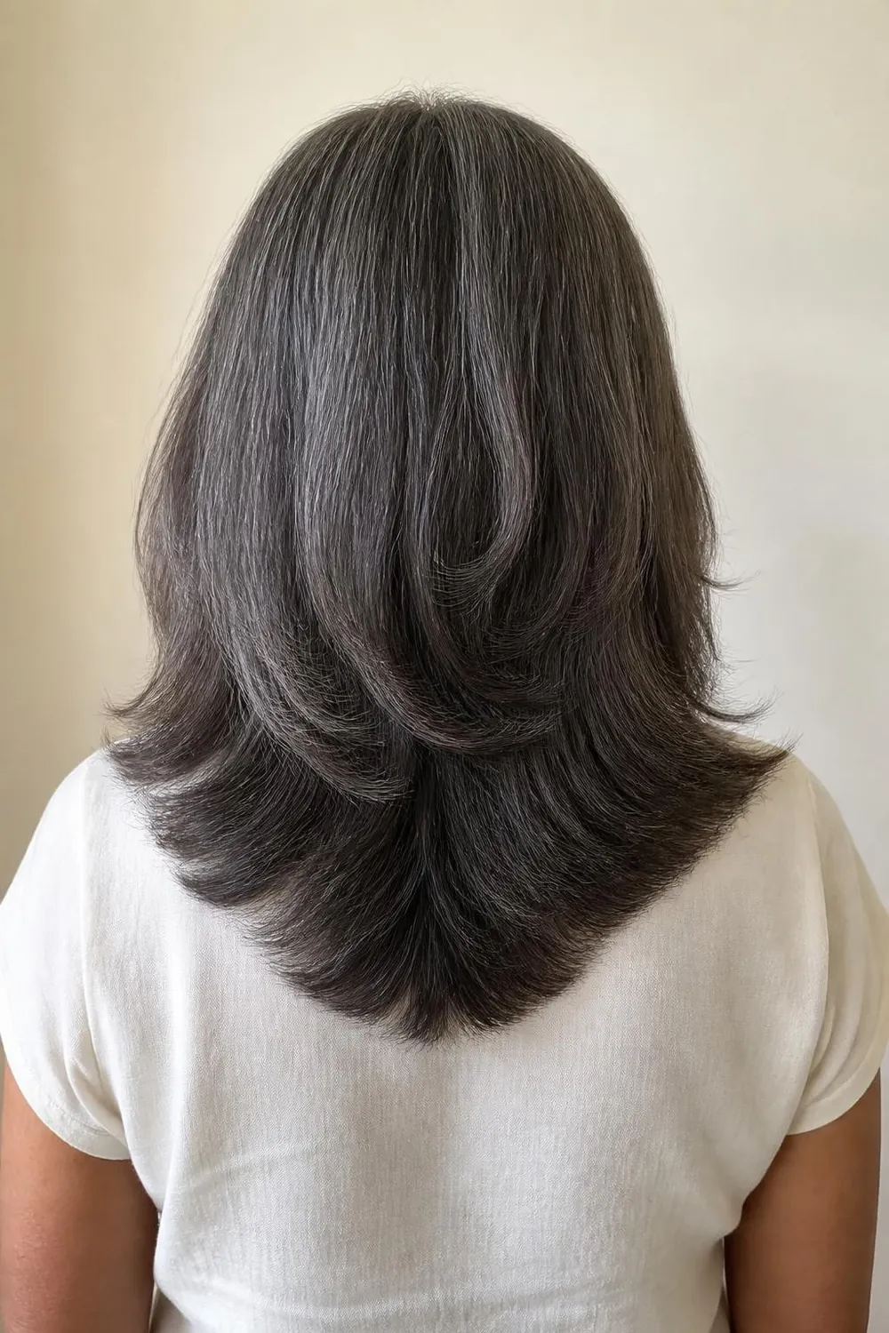 Soft V-shaped layers just past the shoulders for women over 60 with medium hair