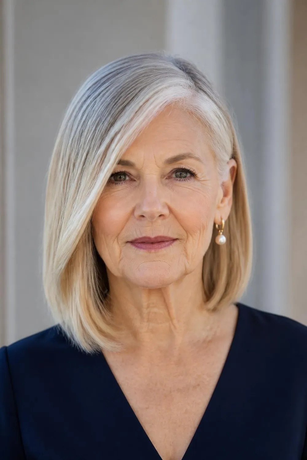 Asymmetrical shoulder-length cut, longer on one side, for women over 60