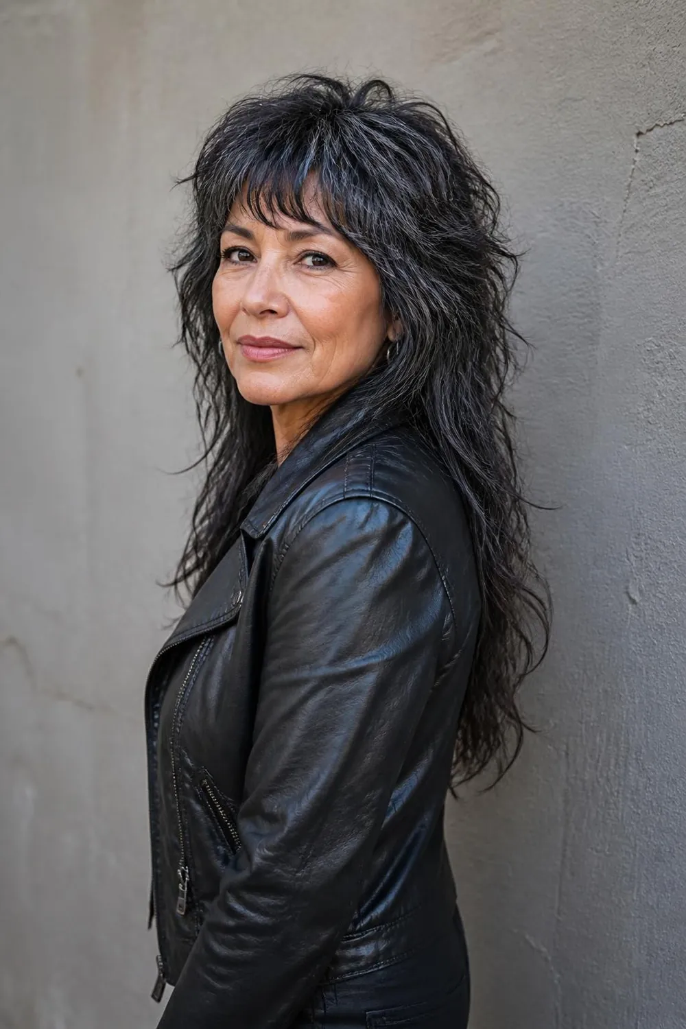 Choppy mid-length wolf cut with shaggy layers and bangs for women over 60