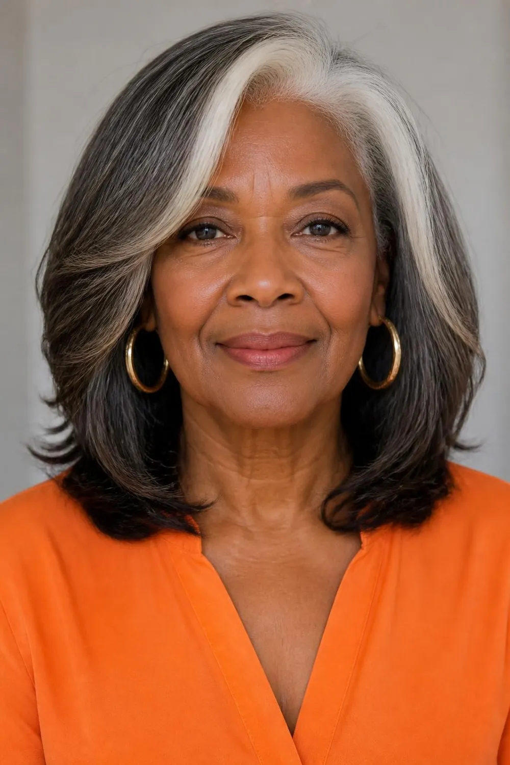 Shoulder-length layers with a bright face-framing money piece for women over 60