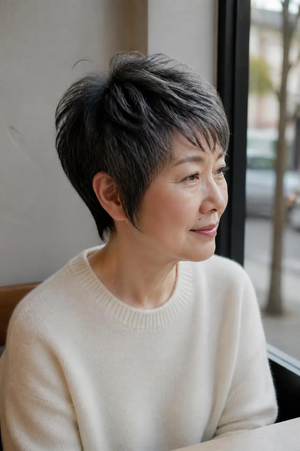 Layered pixie with pointed sideburns in front of the ears, woman over 60 with round face