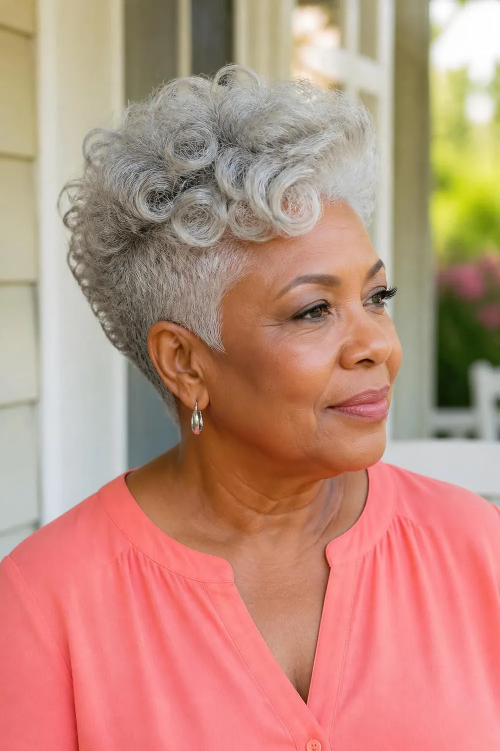 Short curly cut shaped long on top with close sides on a Black woman over 60