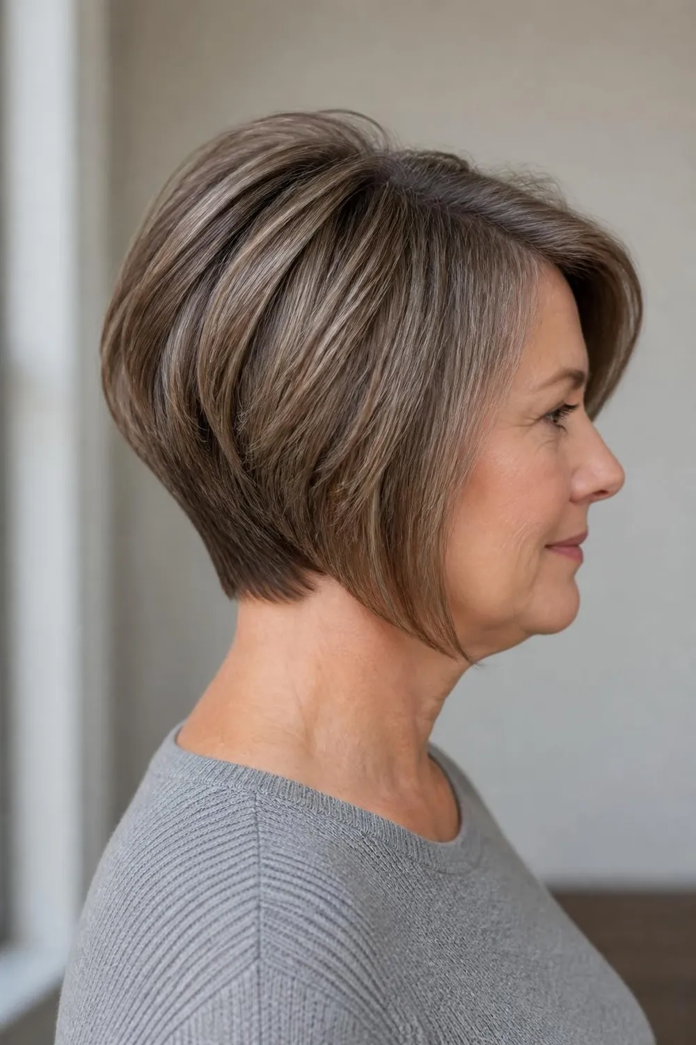 Graduated bob with crown volume and a short nape on a woman in her 60s