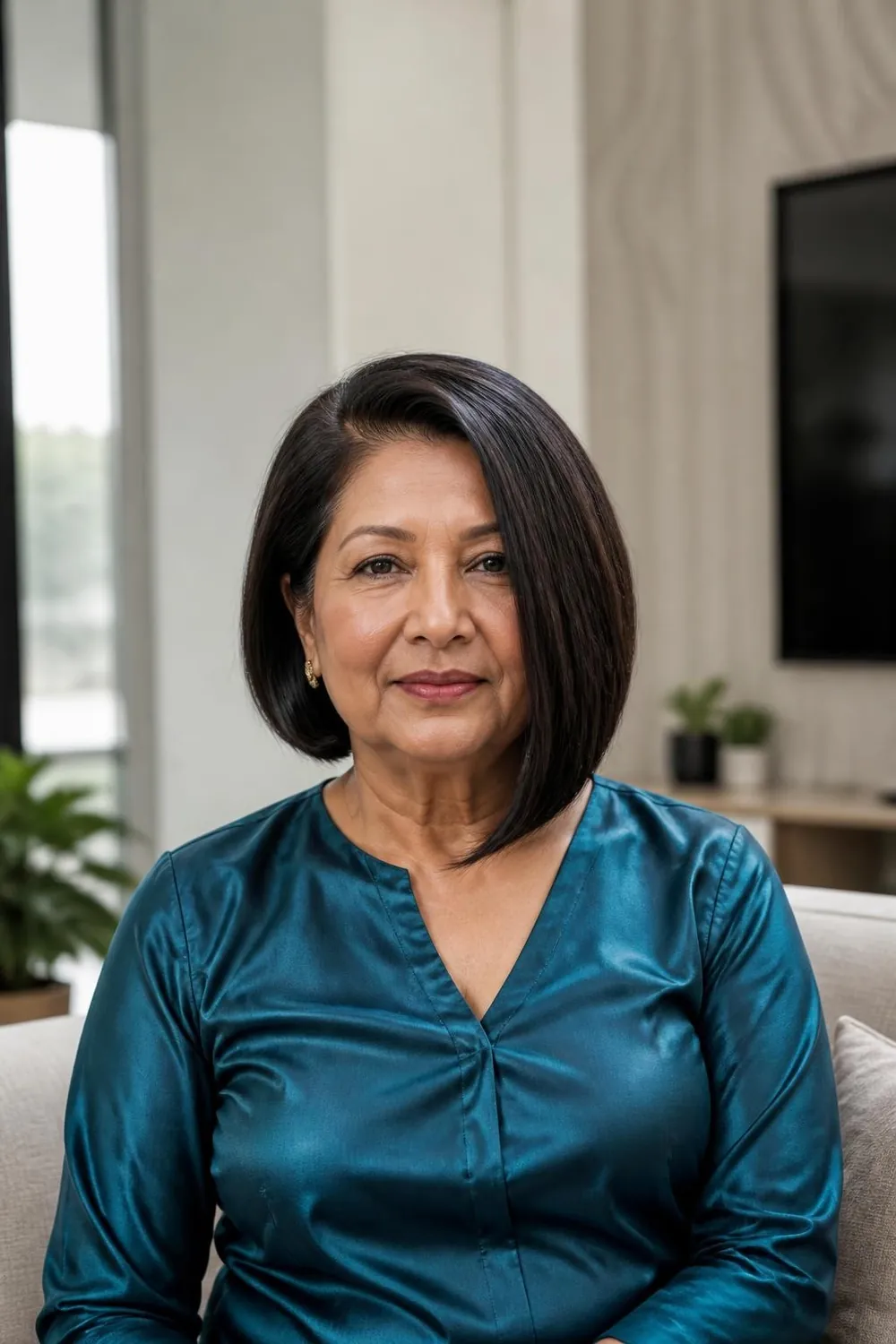 Asymmetric bob with one longer side angled toward the chin, round face over 60