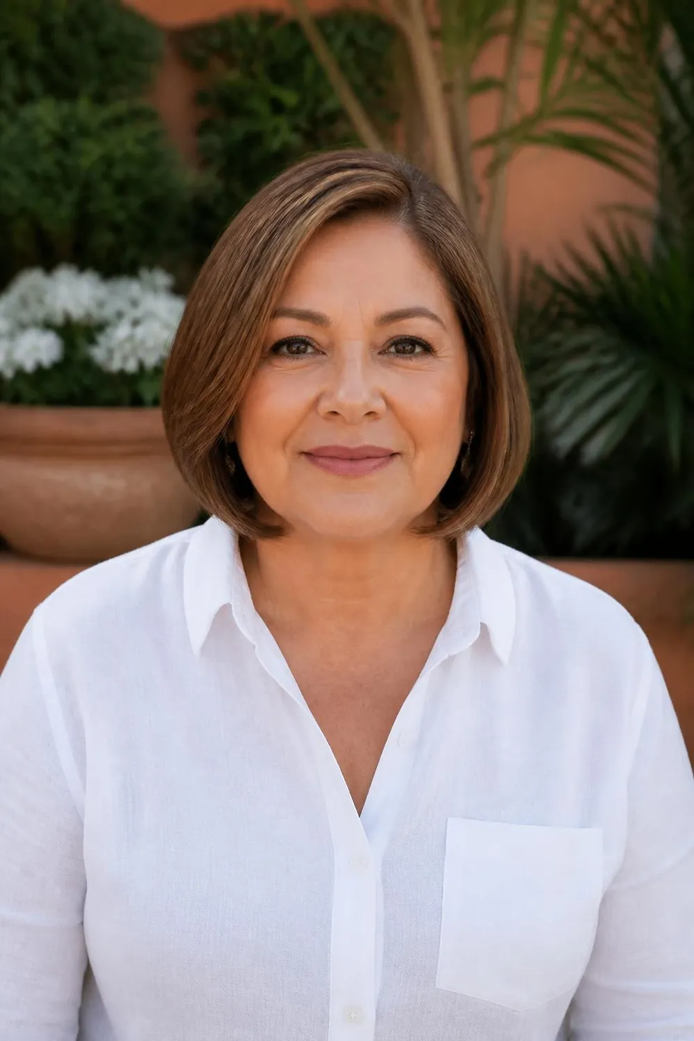 Below-the-chin bob with an off-center part on a Latina woman in her 60s