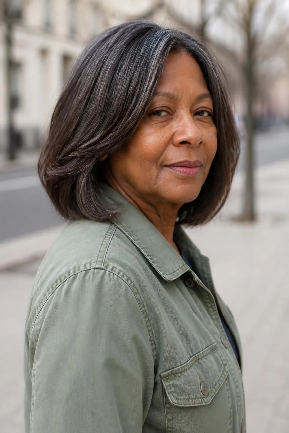 Textured lob with face-skimming layers at collarbone length for a round face