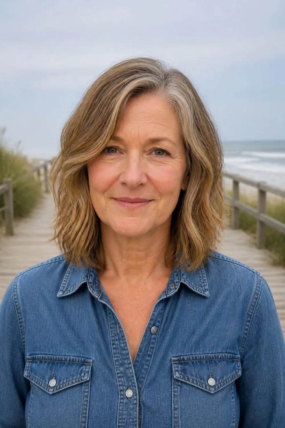 Air-dried wavy lob with a side part on a woman over 60 with a round face