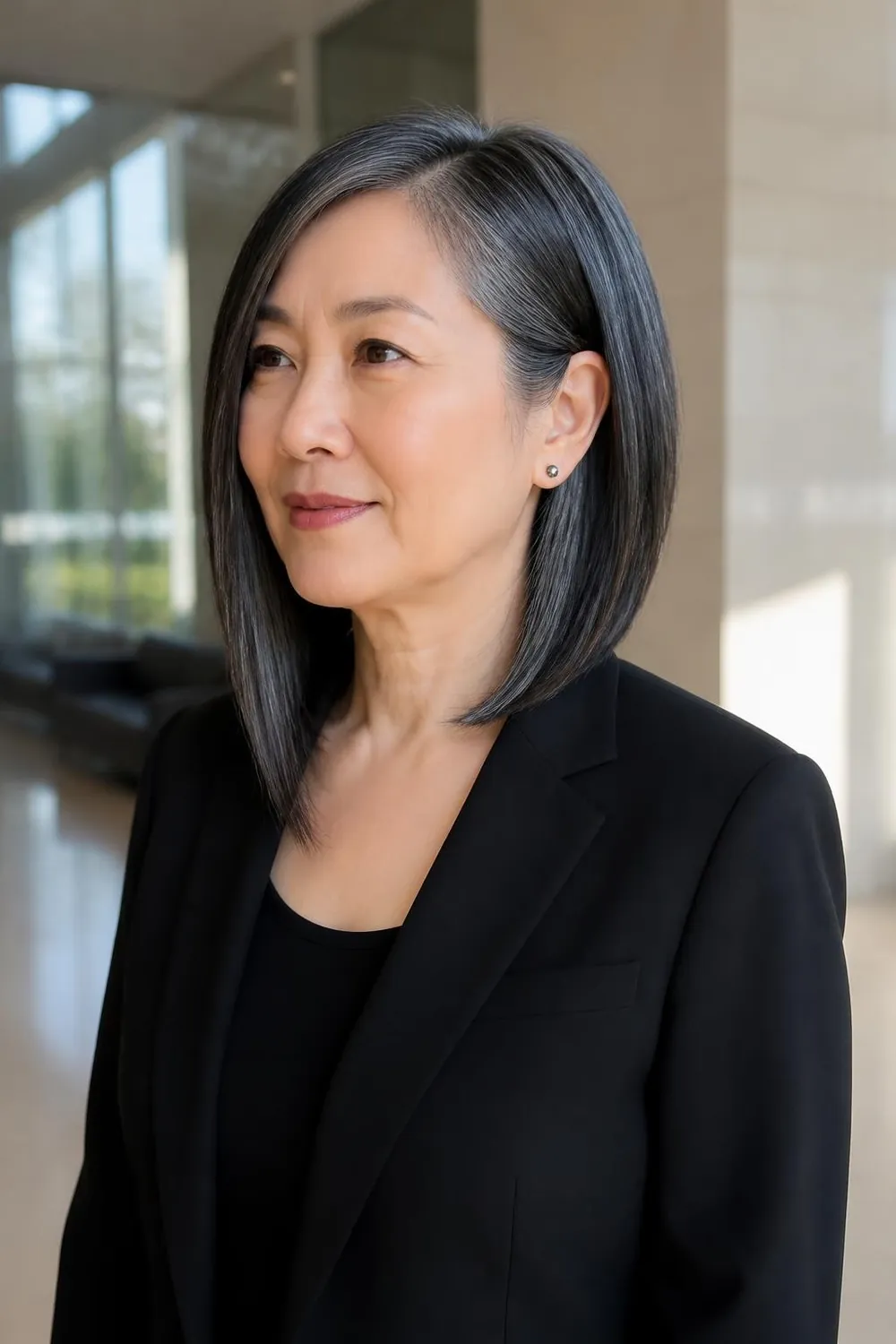 Sleek angled lob longer in front with a smooth finish, East Asian woman in her 60s