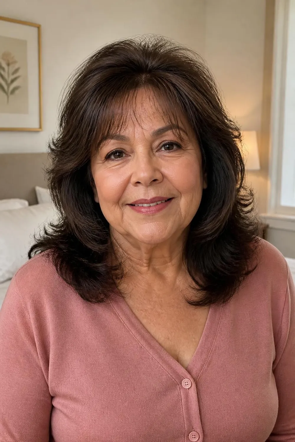 Shoulder-length cut with layers starting at the cheekbone on a woman over 60