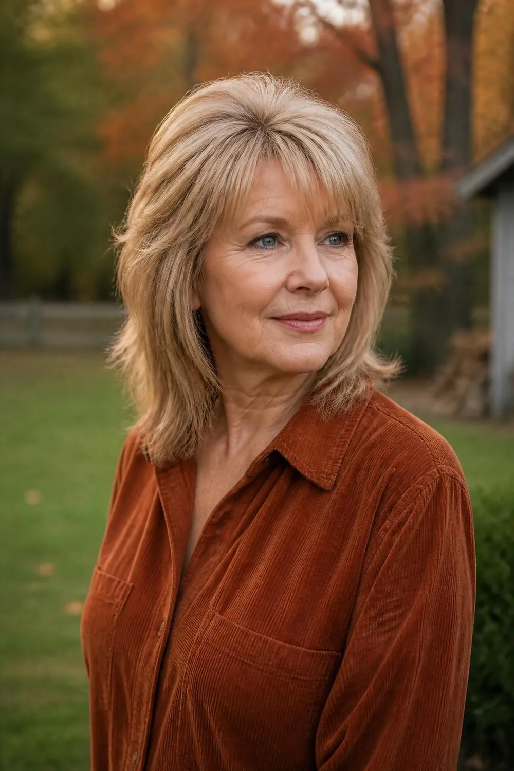 Medium shag with crown lift and wispy face layers on a white woman in her 60s