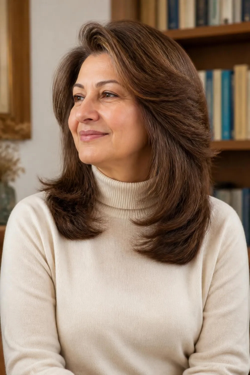 Feathered medium layers brushed away from the face on a woman in her sixties