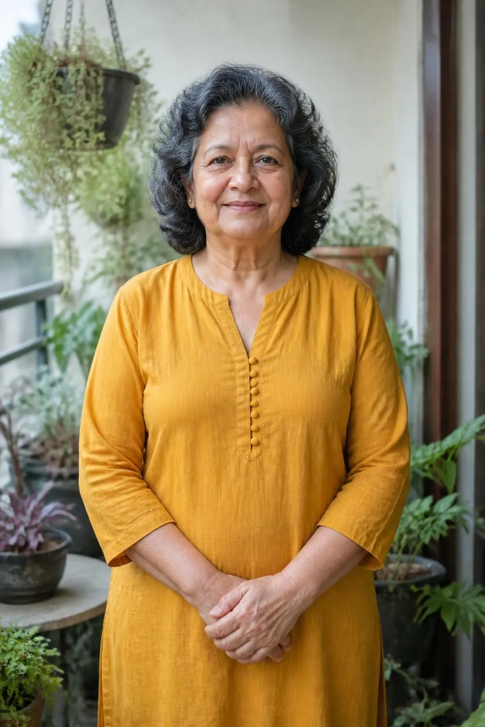 Medium curly hair shaped with height at the crown, South Asian woman over 60