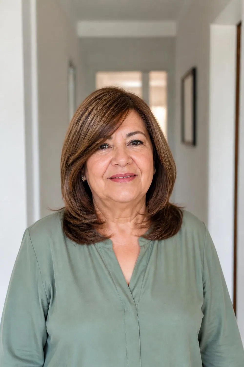 Collarbone layers with a long side-swept fringe on a Middle Eastern woman over 60