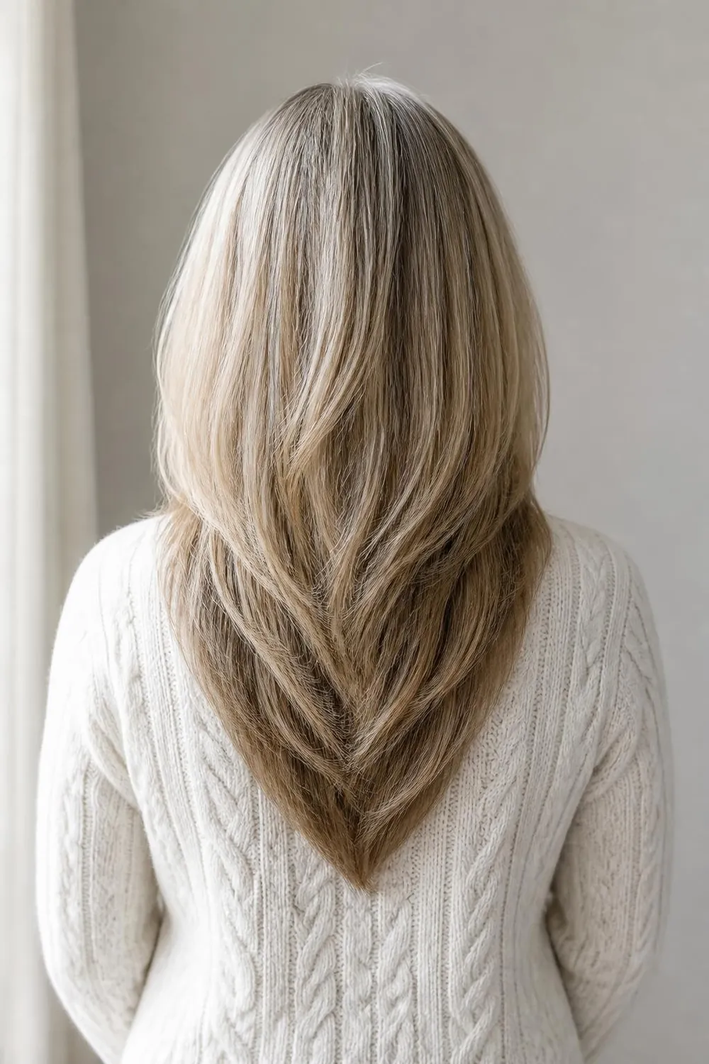 Long hair with V-cut layers coming to a point in the back, woman over 60