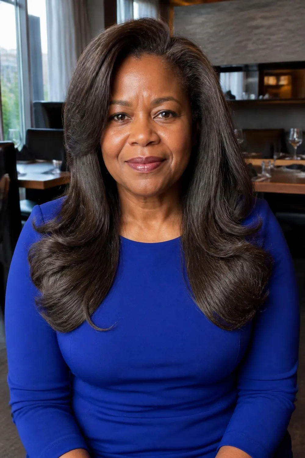 Long bouncy blowout with lifted roots and curled ends on a Black woman over 60