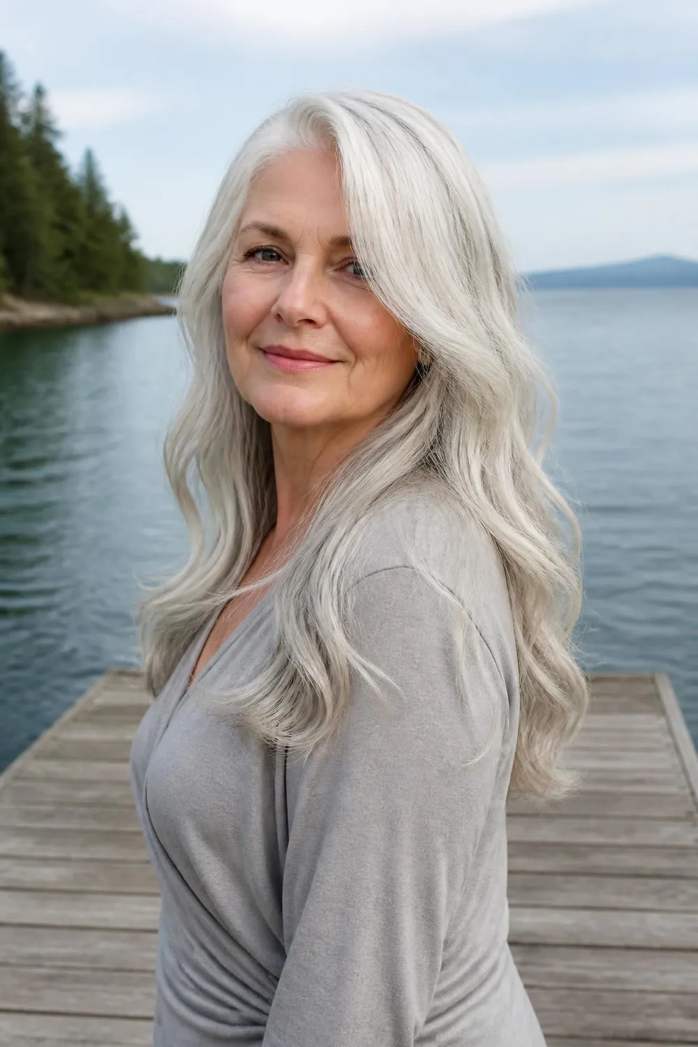 Long loose waves with a deep side part on a white woman in her late 60s