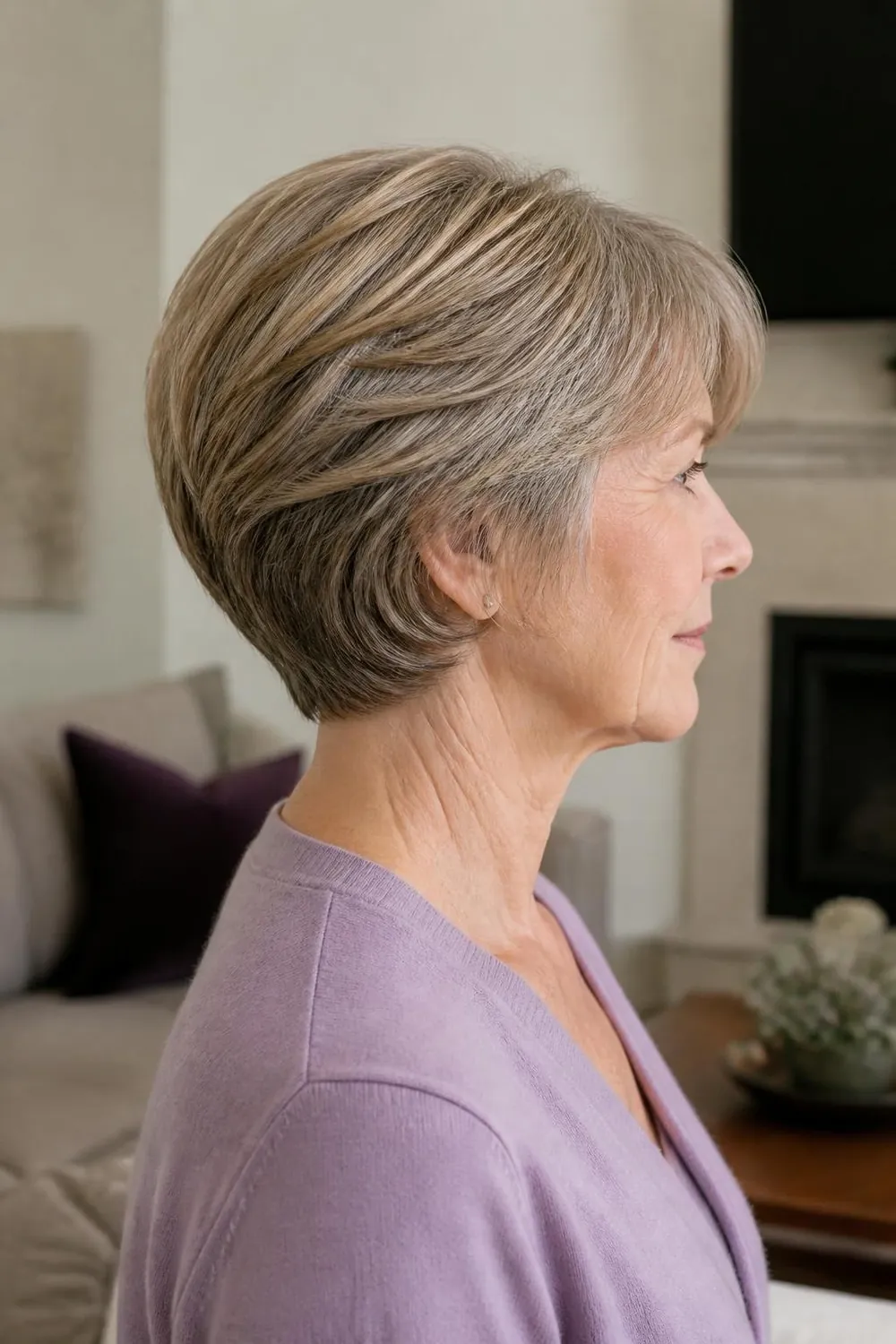 Soft rounded crop with blended layers following the head shape for women over 60