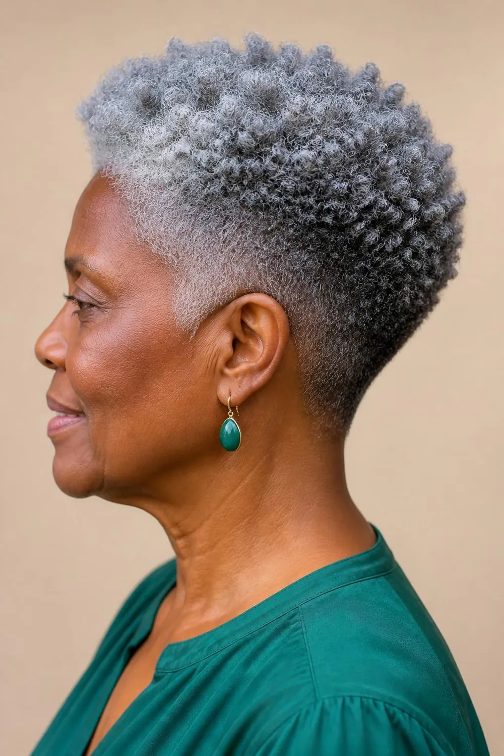 Coily tapered cut with defined coils on top for Black women over 60