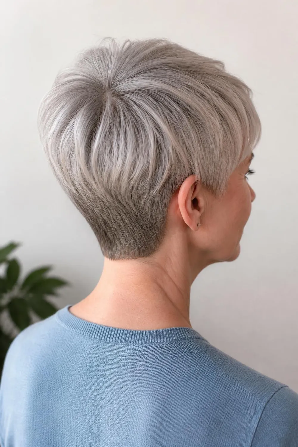 Pixie cut shaped around a crown cowlick so it lies flat, for women over 60