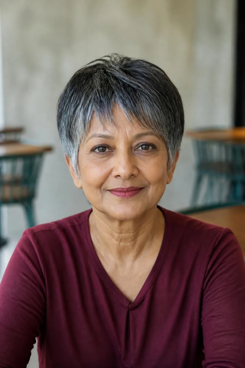 Brushed-forward pixie with soft wispy points on the forehead for women over 60