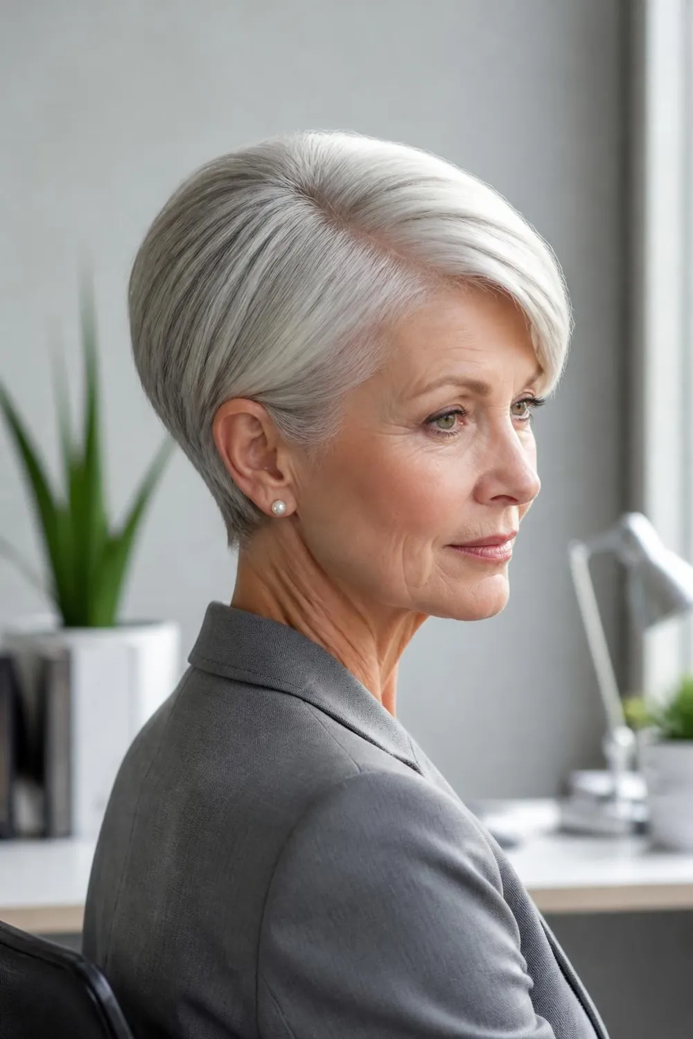 Polished side-part pixie smoothed flat with a clean part on a woman over 60