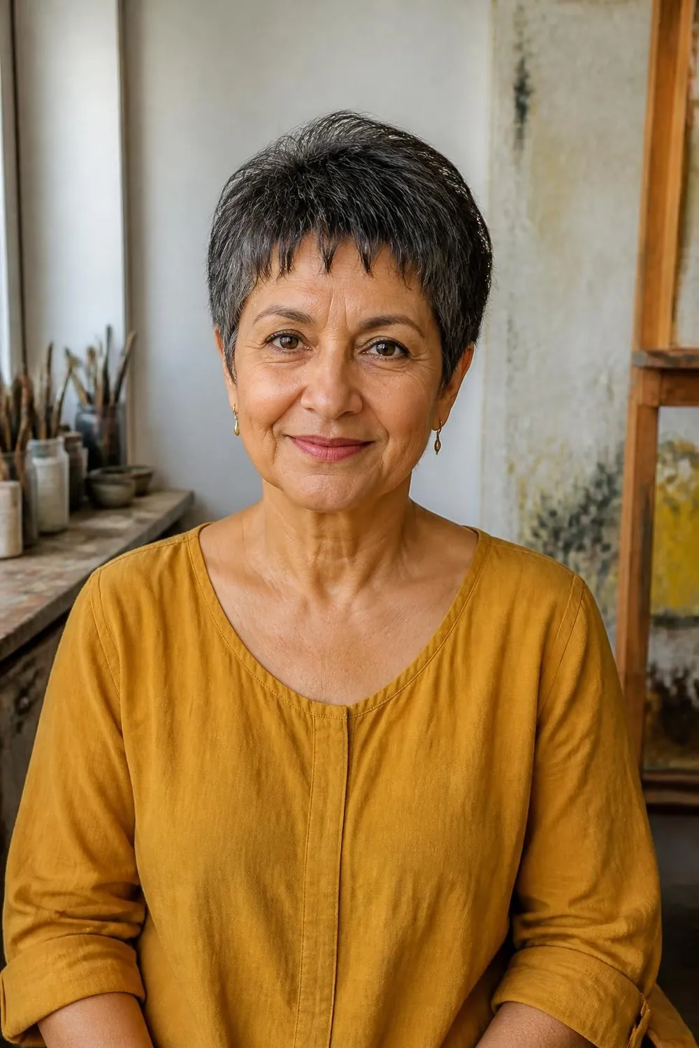 Pixie cut with a very short micro fringe above the brows for women over 60