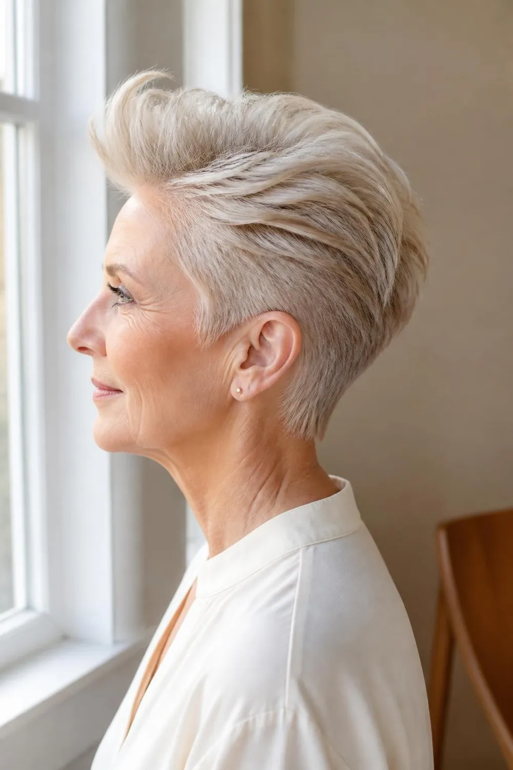 Pixie with a lifted quiff at the front and short sides for women over 60