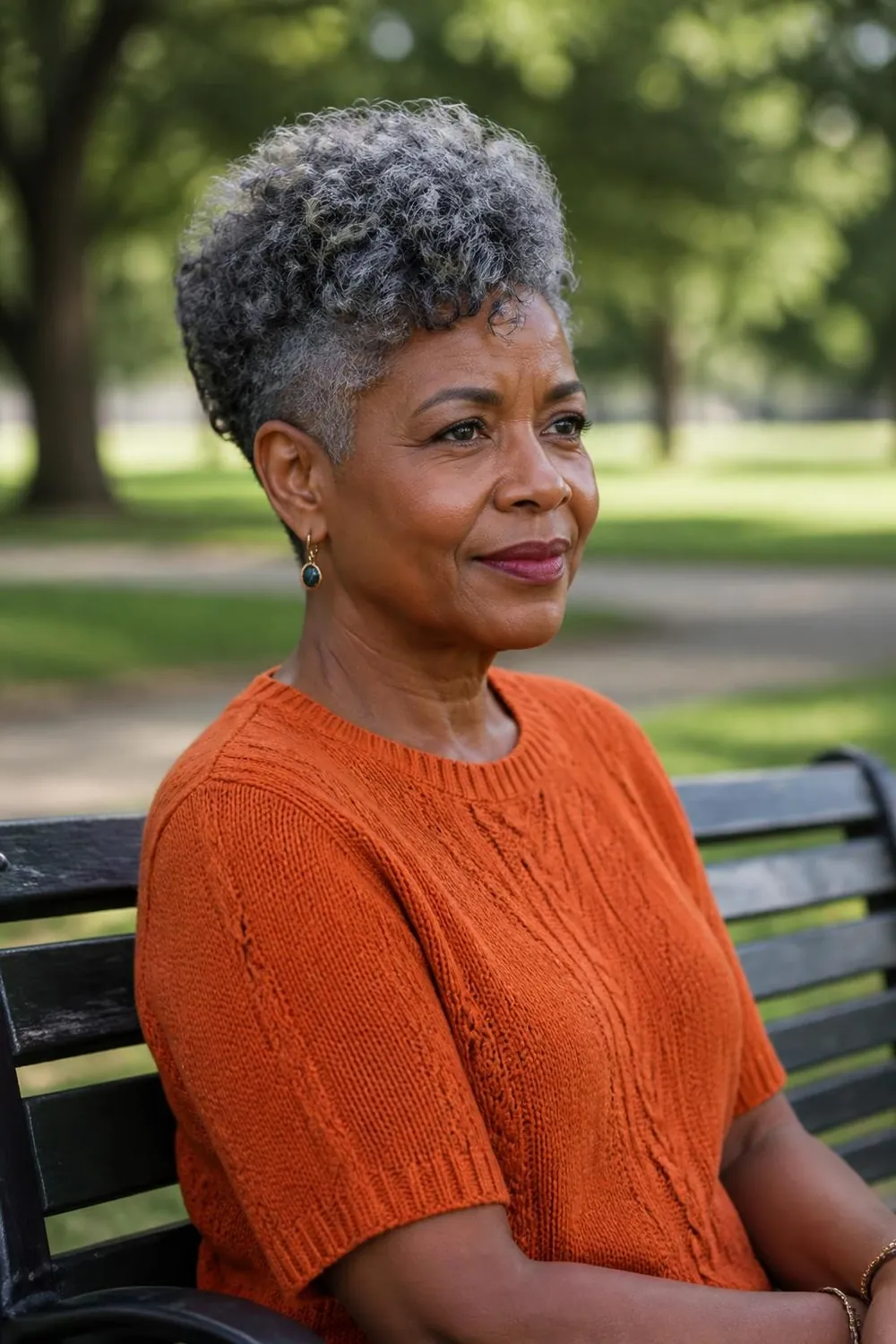 Curly pixie with springy curls on top and tapered sides for women over 60