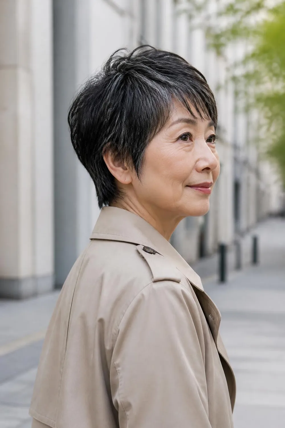 Overgrown pixie with ear-length sides and soft layers on a woman over 60