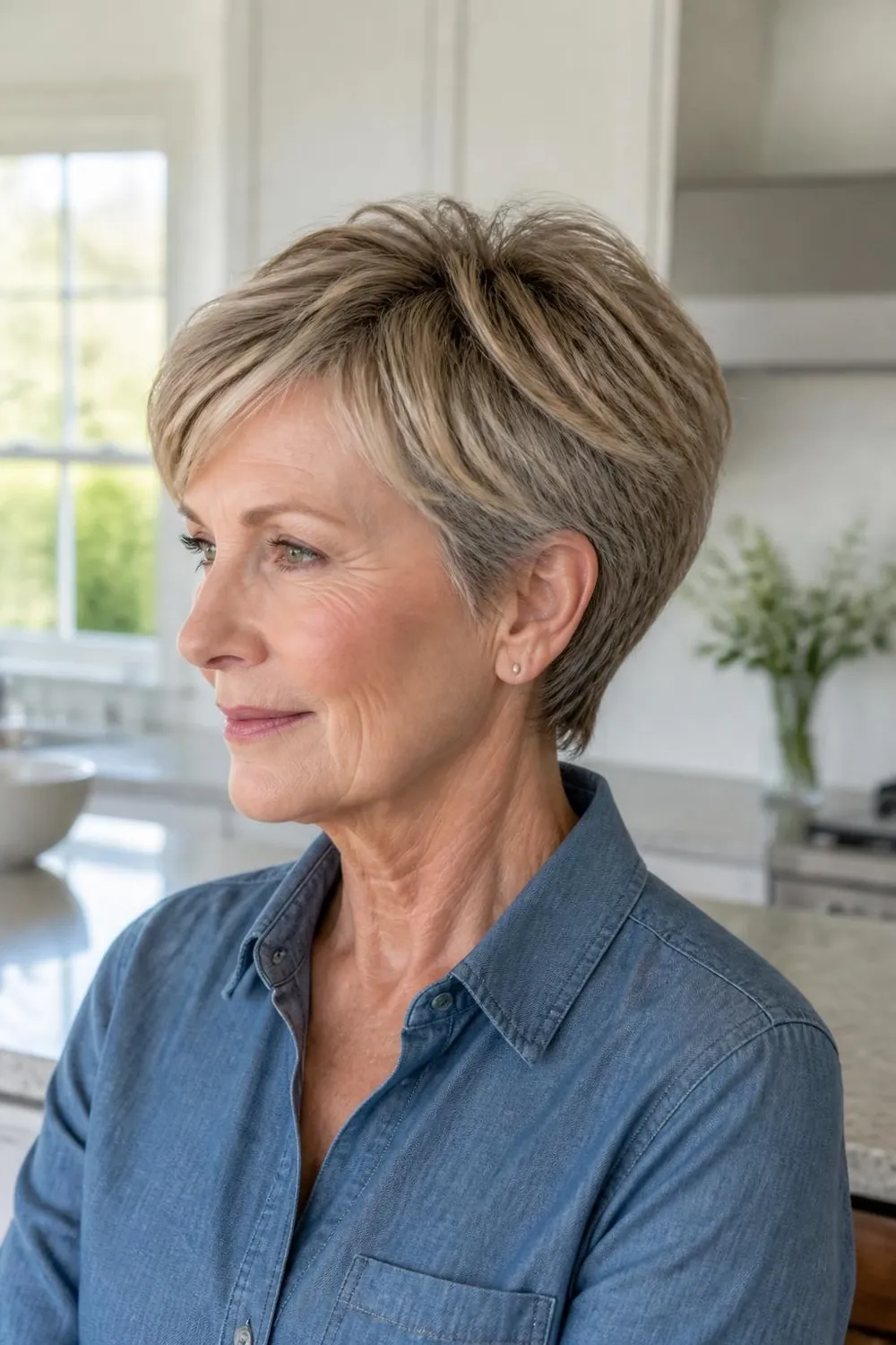 Ear-length bixie with choppy crown layers for women over 60 with straight hair