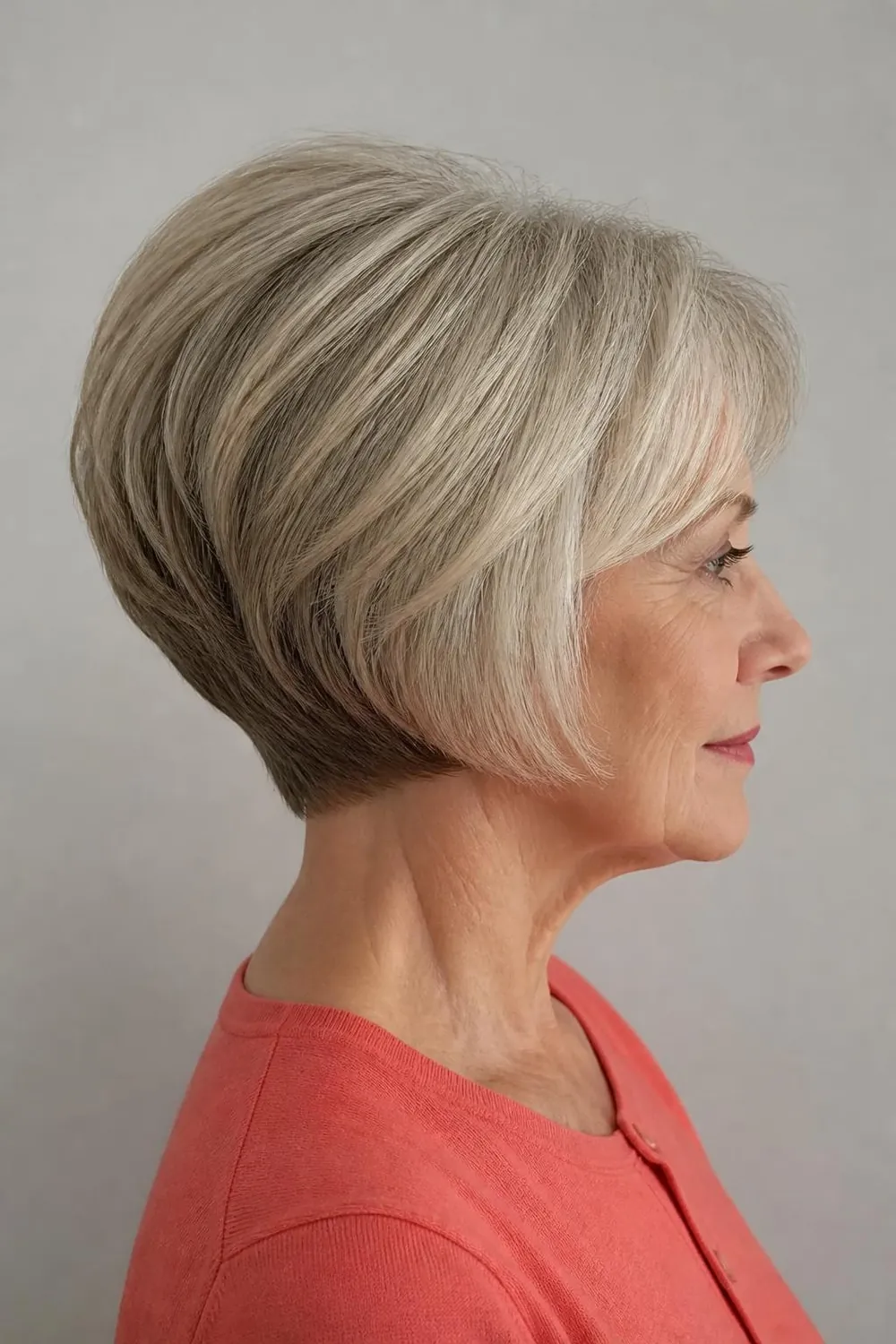 Short wedge haircut with a rounded stacked back for women over 60