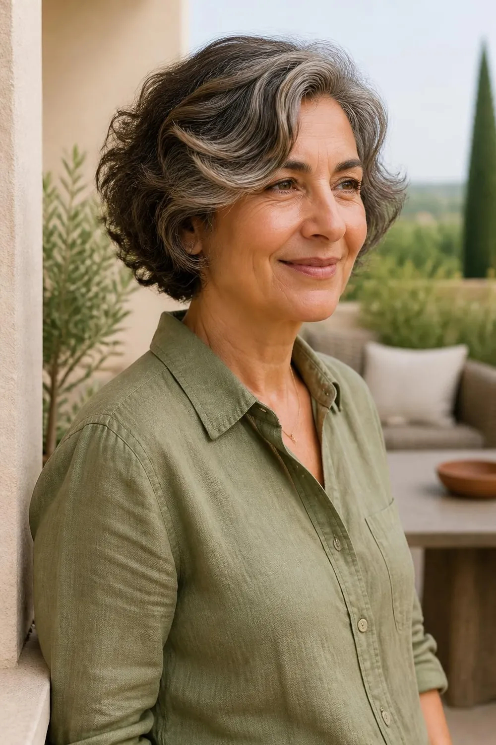 Short wavy haircut with a side part and loose S-waves for women over 60