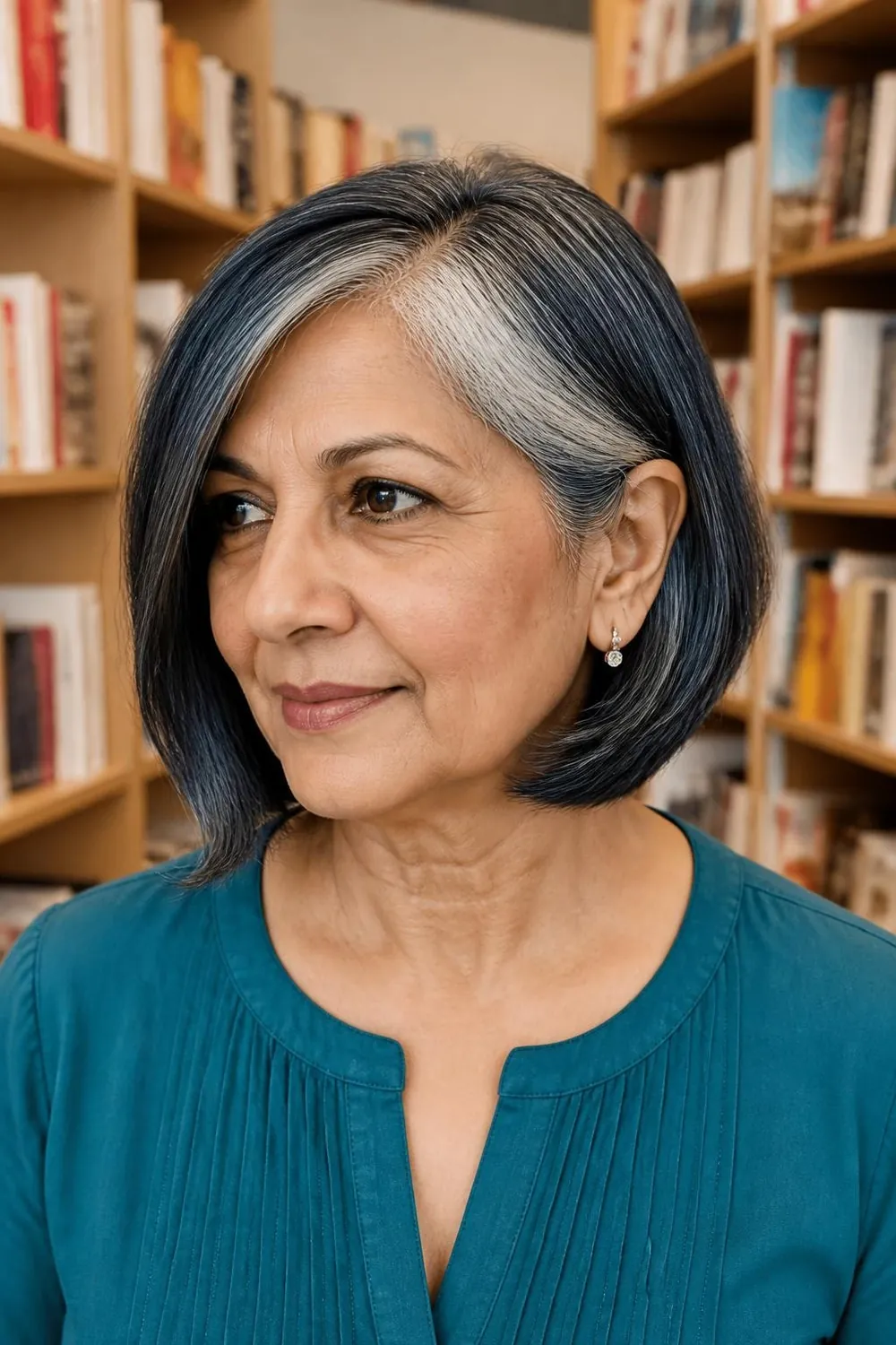 Short ear-grazing bob with long side bangs for women over 60