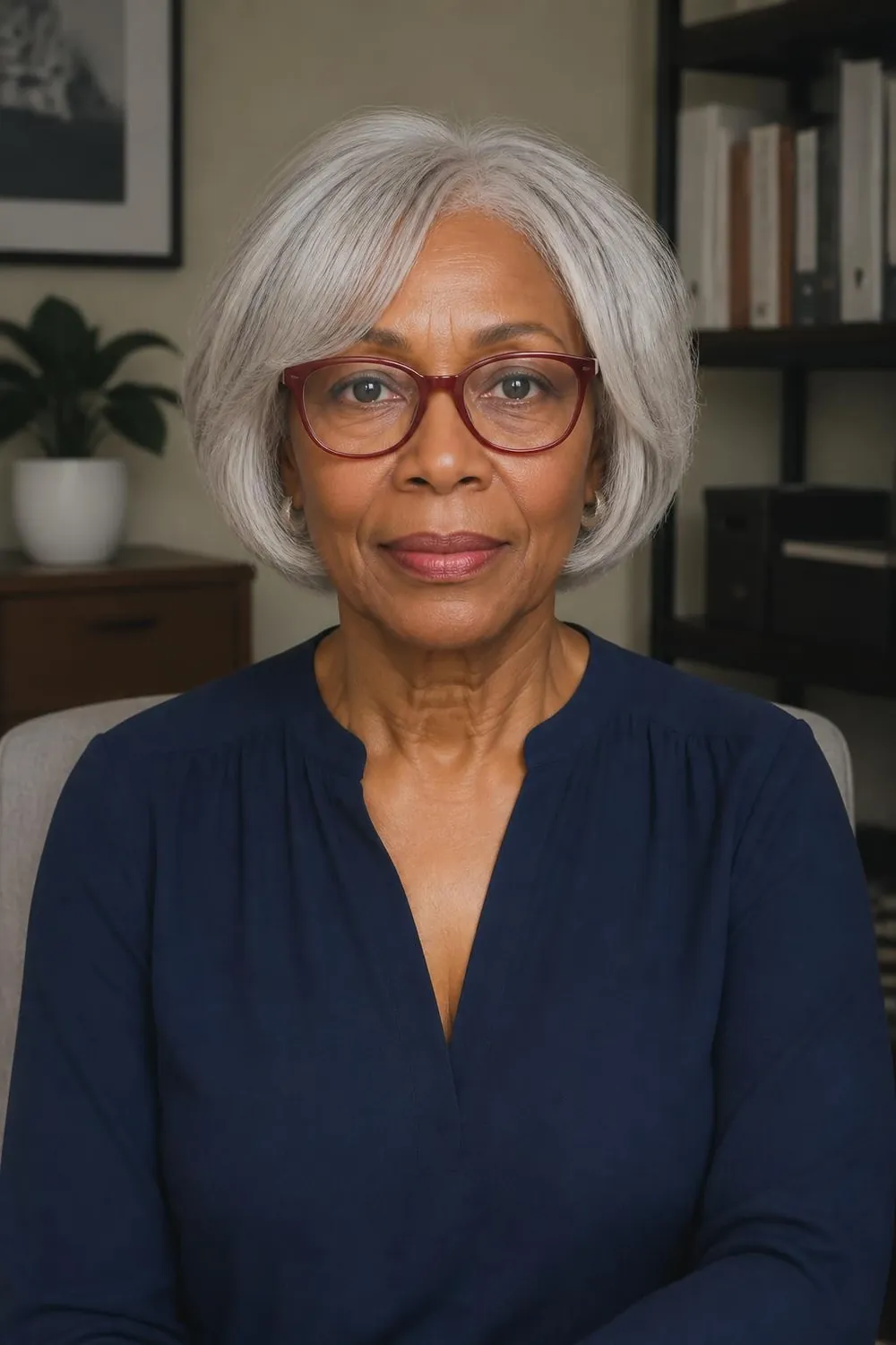 Cheekbone-length bob that sits clear of glasses frames on a woman over 60