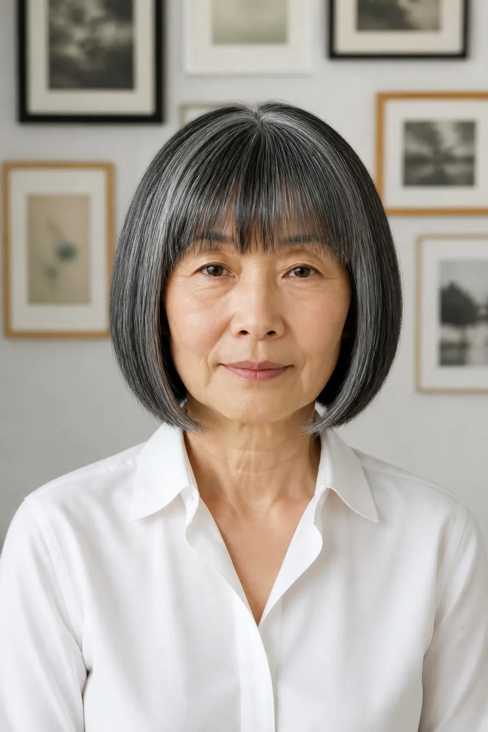 Short bob with full blunt bangs at the brows for women over 60