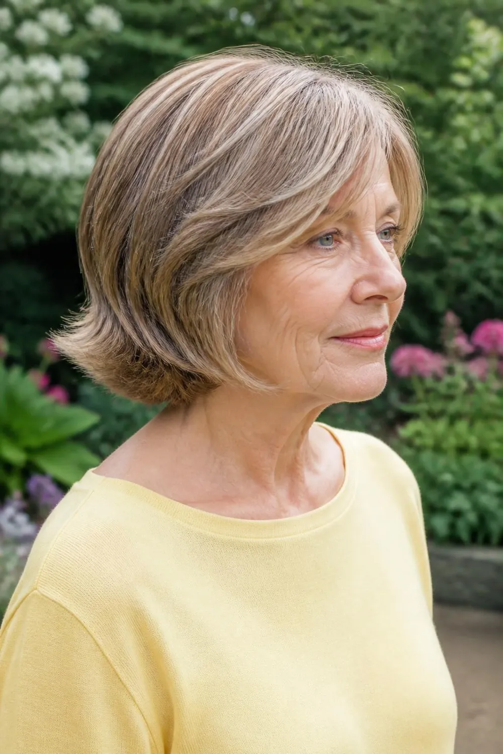 Feathered chin-length bob with soft layered ends for women over 60 with thin hair