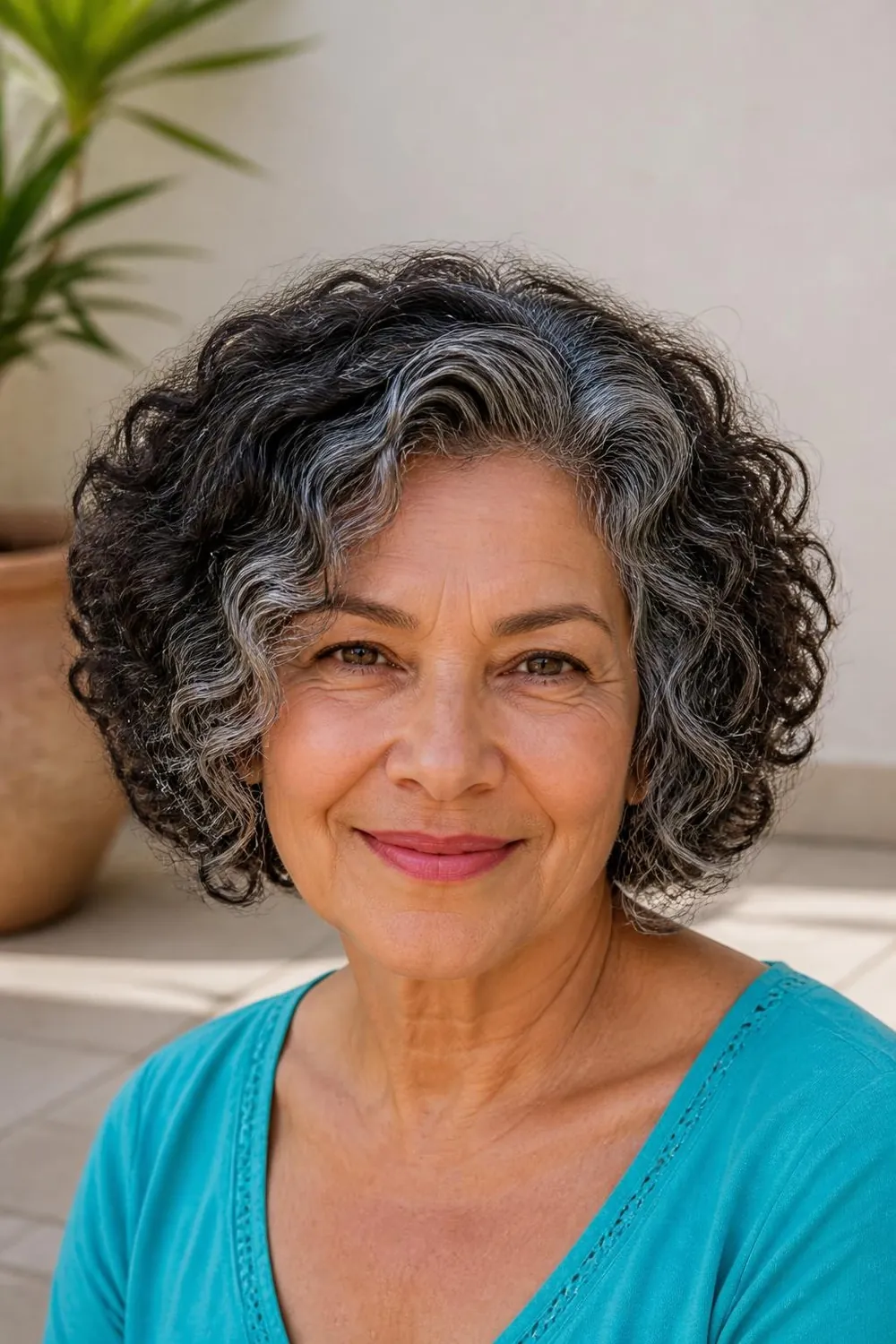 Springy chin-length curly cut with a rounded shape for women over 60 with curly hair
