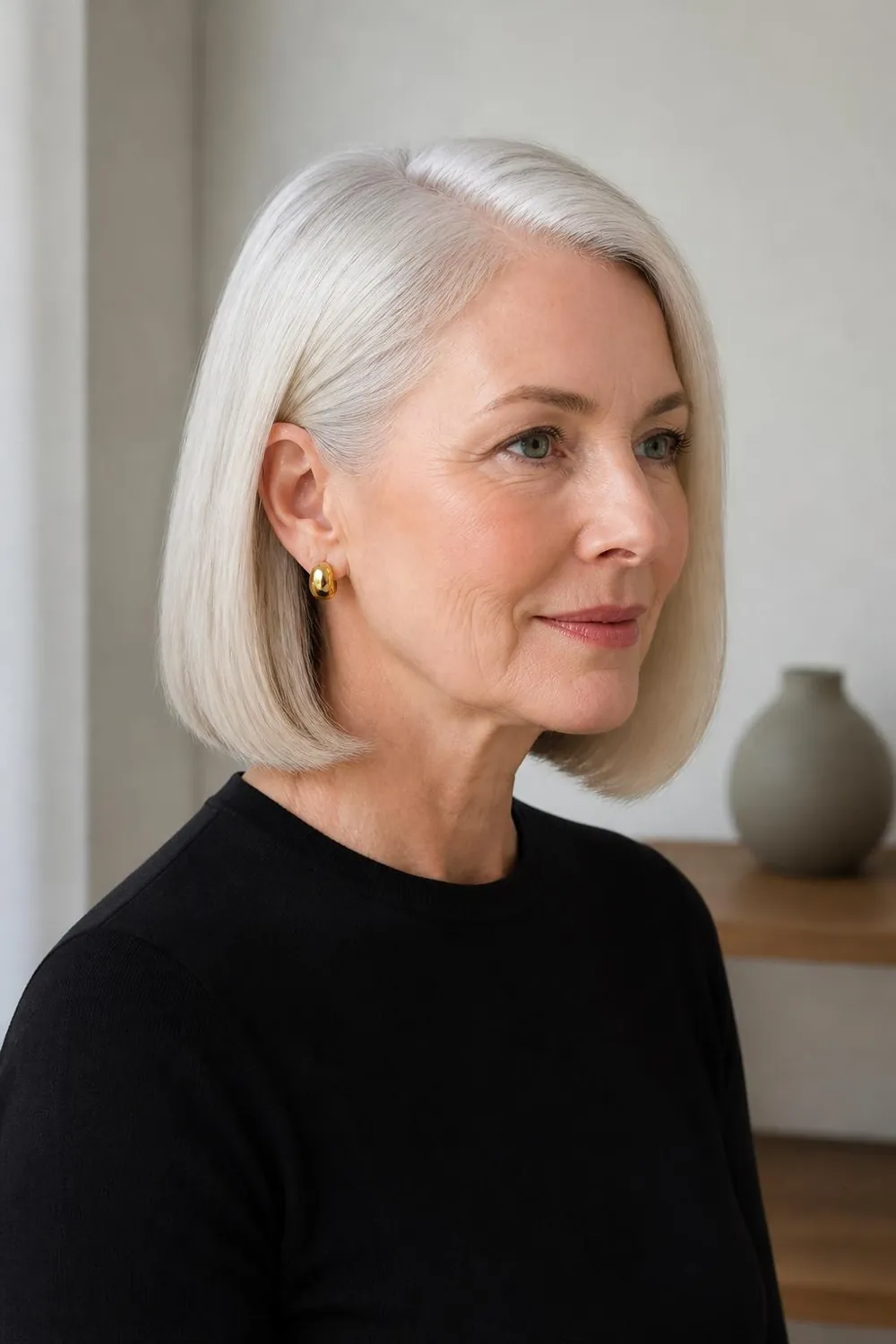 Sleek chin-length bob tucked behind one ear with a side part over 60