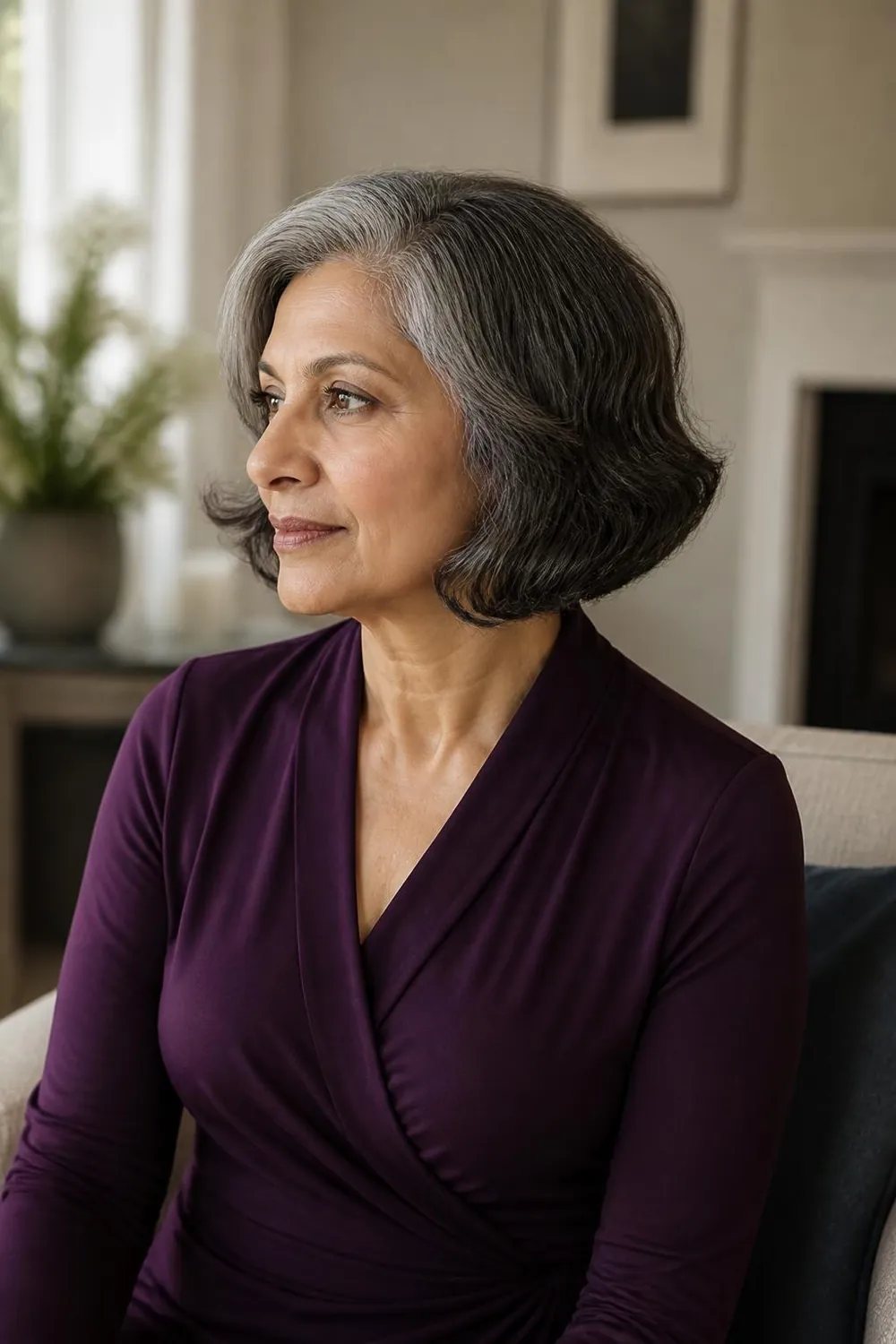 Jaw-length bob with soft bent ends, between short and medium, for women over 60