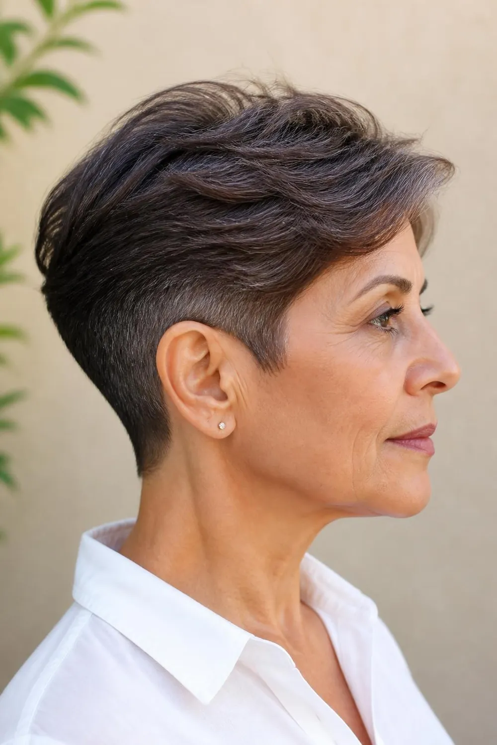 Tapered pixie with a clippered nape on thick dark hair, woman in her 60s
