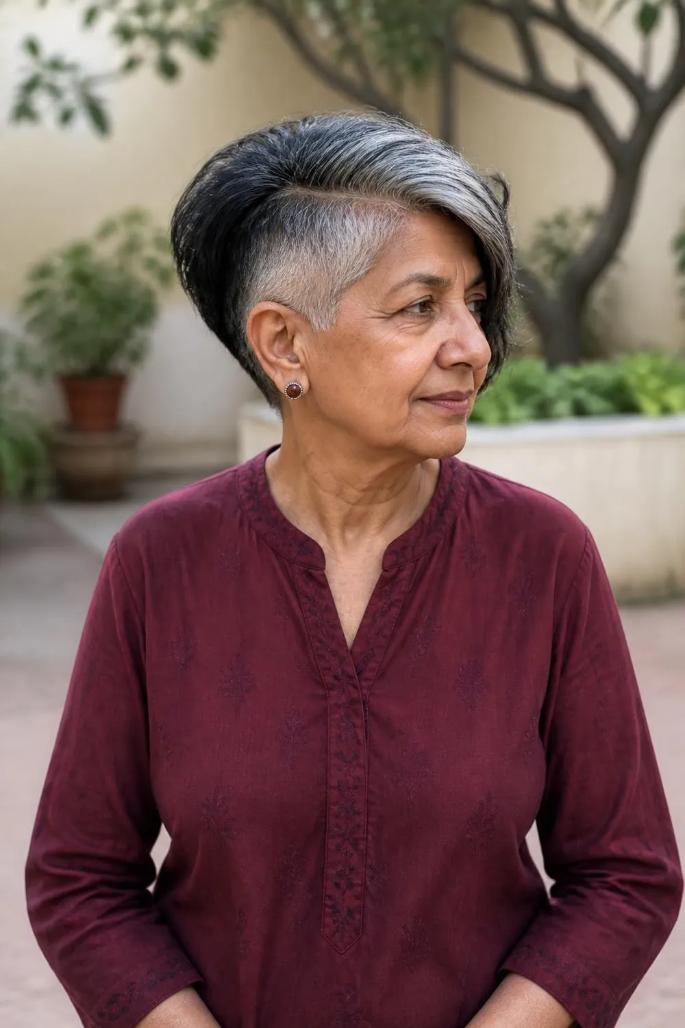 Undercut pixie with a longer top falling to one side on a woman over 60