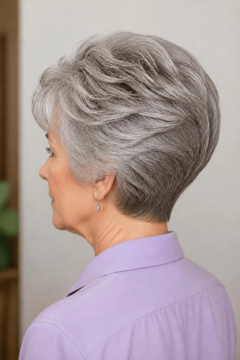 Short wedge haircut with stacked layers at the back on thick gray hair, woman over 60
