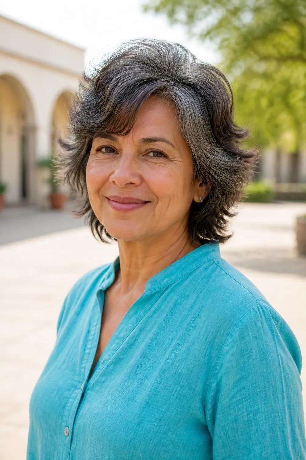 Short shag with feathery ends and textured layers on a Latina woman in her 60s